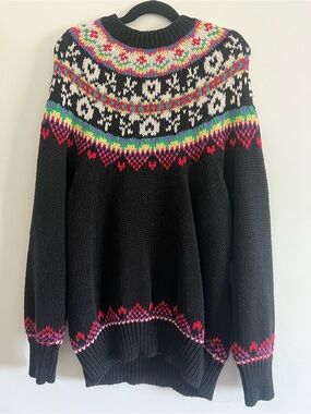 Black Fair Isle Crewneck Sweater with Multicolor Yoke- Susan Bristol- Size M